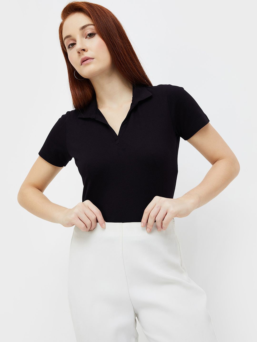 

CODE by Lifestyle Cotton Shirt Collar Regular Short Slevees Top, Black