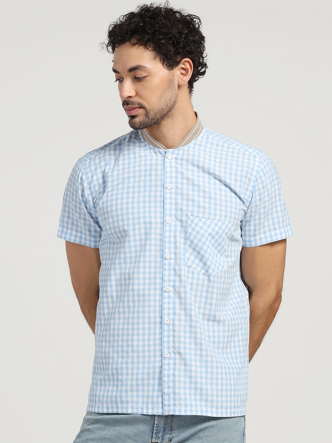 

LELA Men Standard Gingham Checks Collarless Casual Shirt, Blue