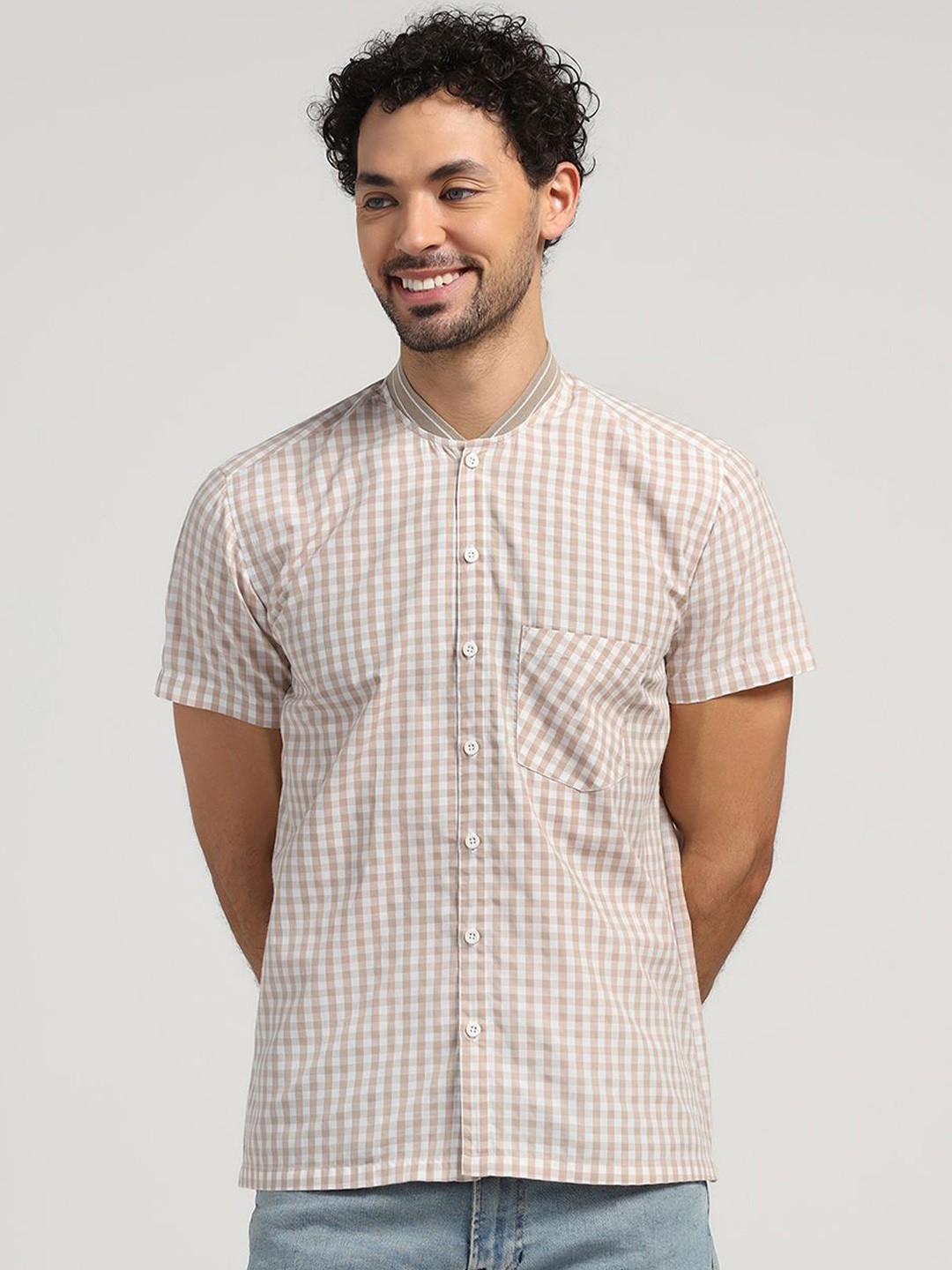 

LELA Men Standard Cotton Opaque Checked Party Shirt, Beige