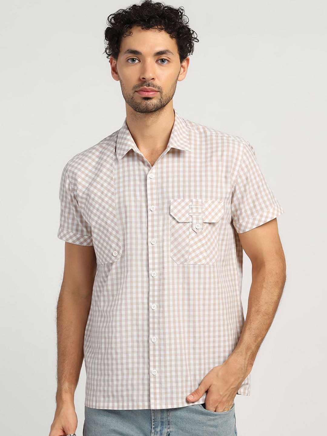 

LELA Men Standard Opaque Checked Regular Fit Shirt, Beige