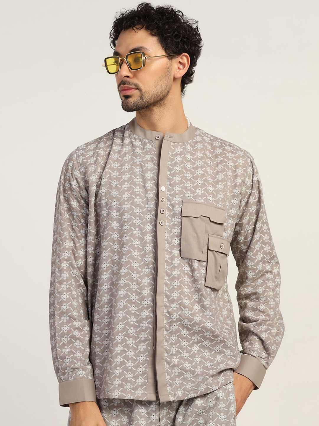

LELA Men Standard Cotton Opaque Printed Party Shirt, Taupe