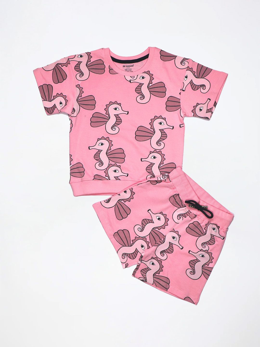 

BE AWARA Kids Printed Pure Cotton Oversized T-shirt With Shorts, Peach
