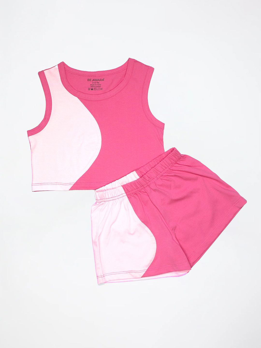 

BE AWARA Girls Colourblocked Pure Cotton Top With Shorts, Pink
