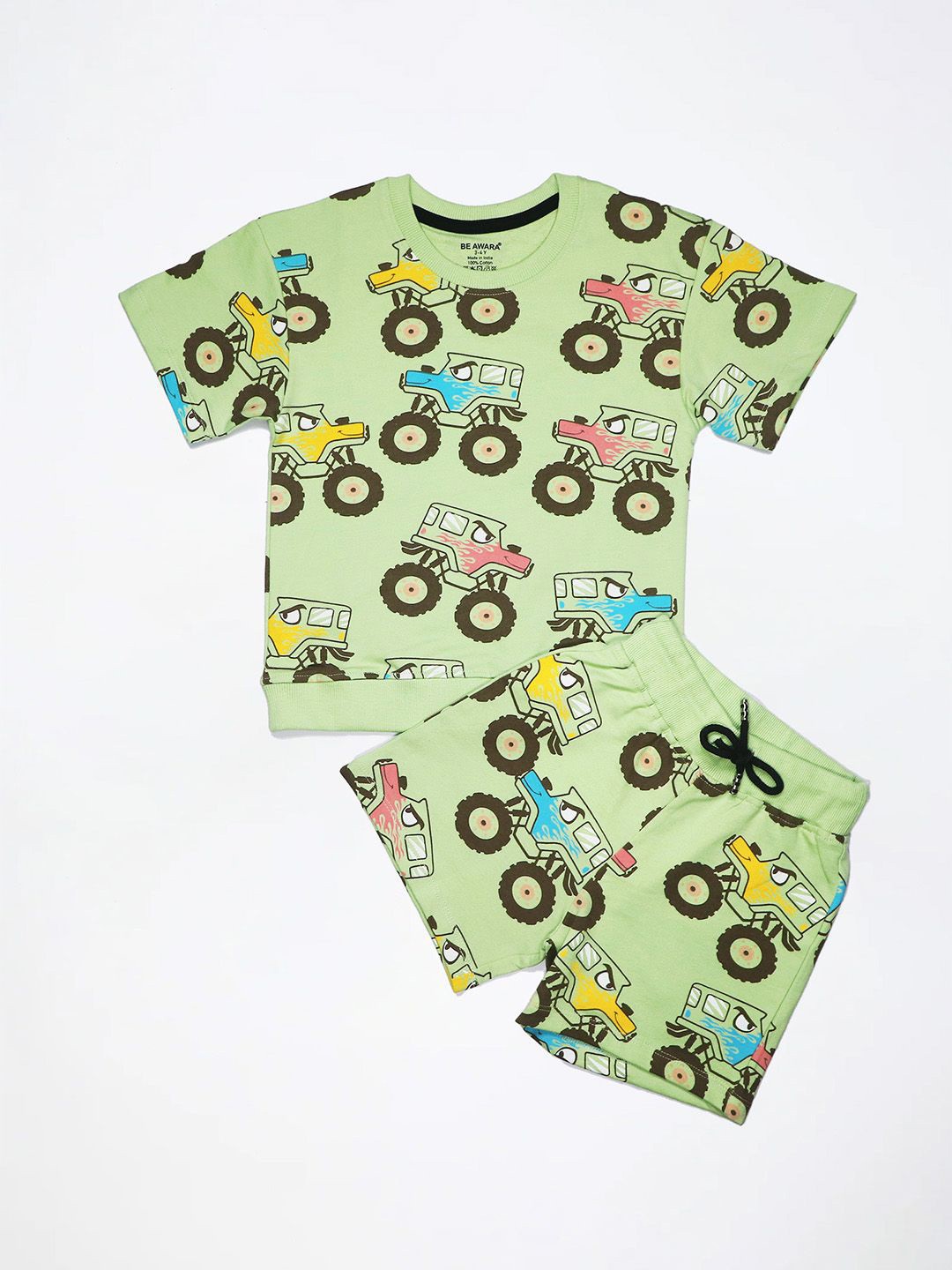 

BE AWARA Kids Printed Pure Cotton Oversized T-shirt With Shorts, Green