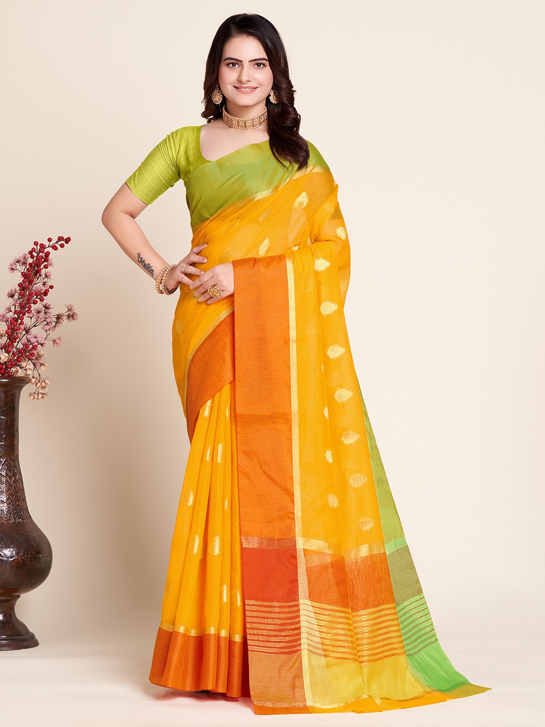 

bansari textiles Woven Design Zari Banarasi Saree, Yellow