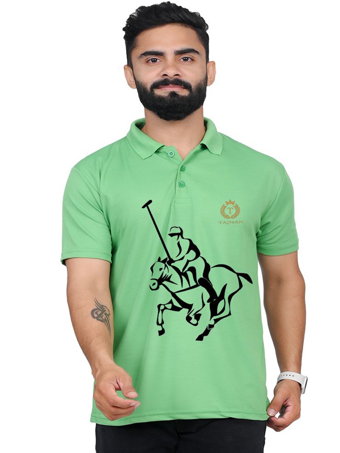 

TAJNAN Men Graphic Printed Graphic Print Others Polo Collar Cotton T-Shirt, Green