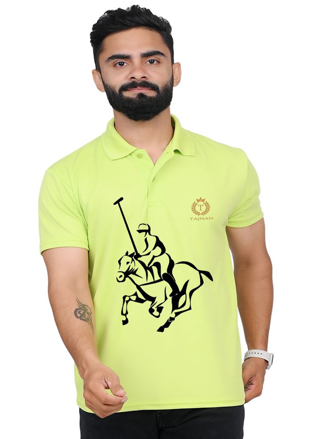 

TAJNAN Men Graphic Printed Polo Collar T-shirt, Lime green