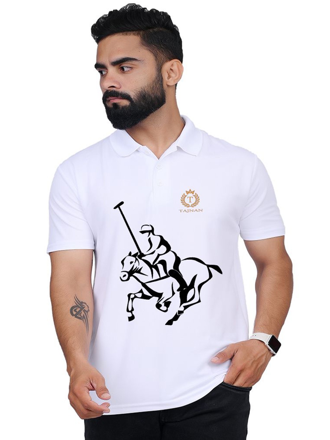 

TAJNAN Men Graphic Printed Polo Collar T-shirt, White