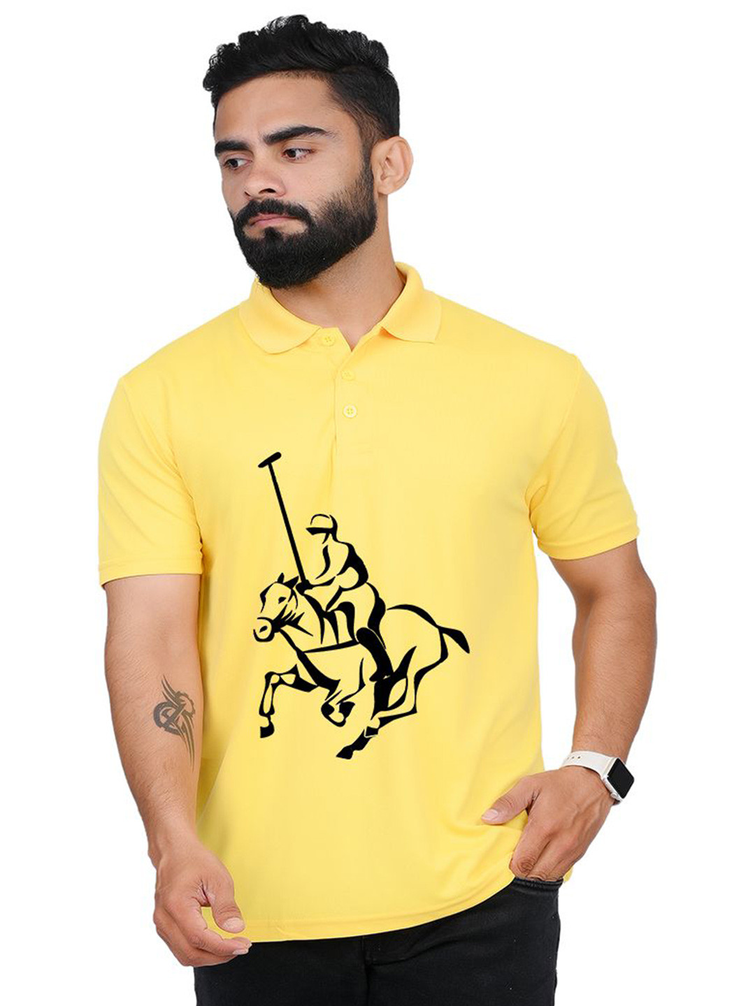 

TAJNAN Men Graphic Printed Polo Collar T-shirt, Yellow