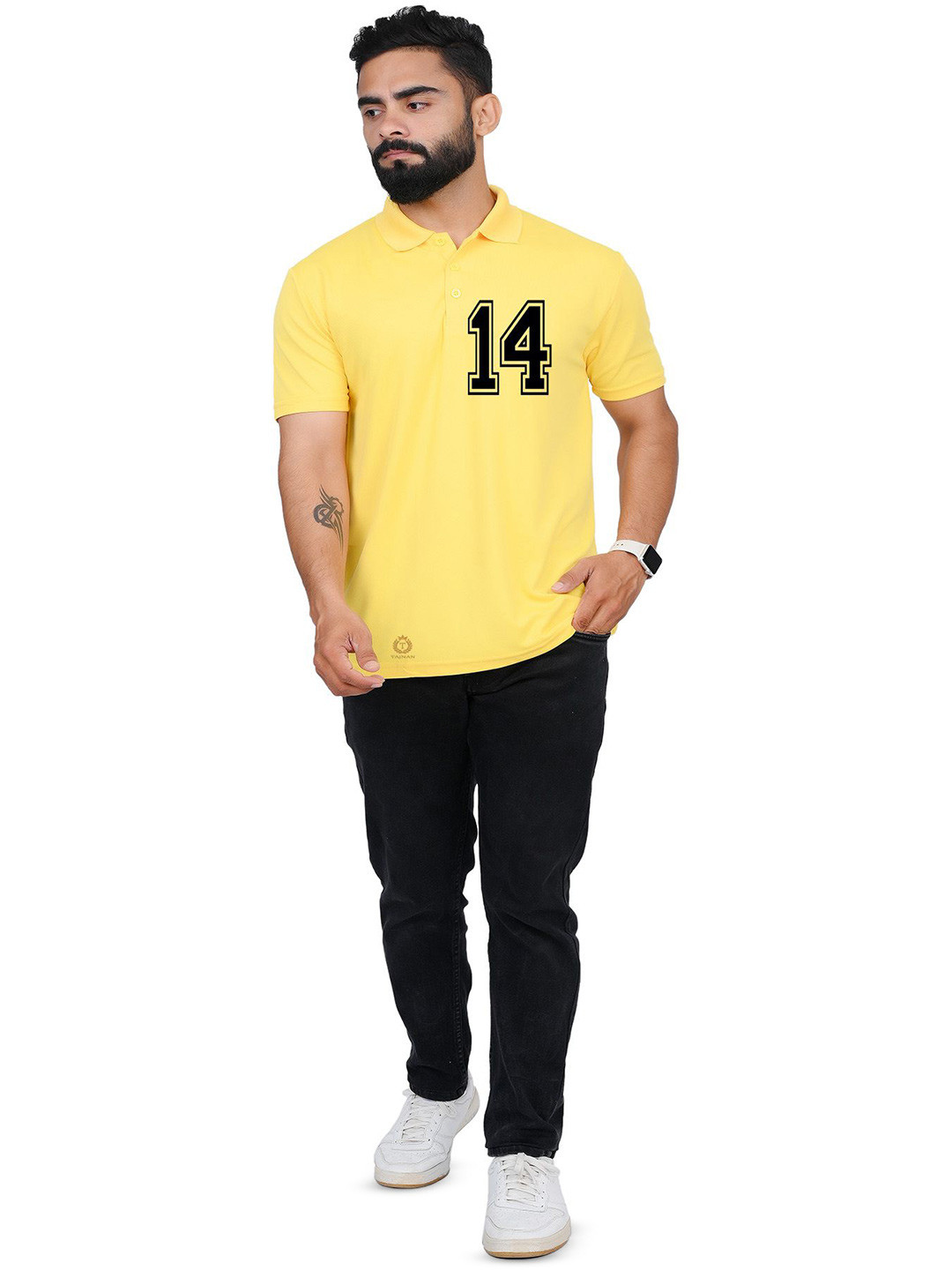 

TAJNAN Men Varsity Printed Polo Collar T-shirt, Yellow