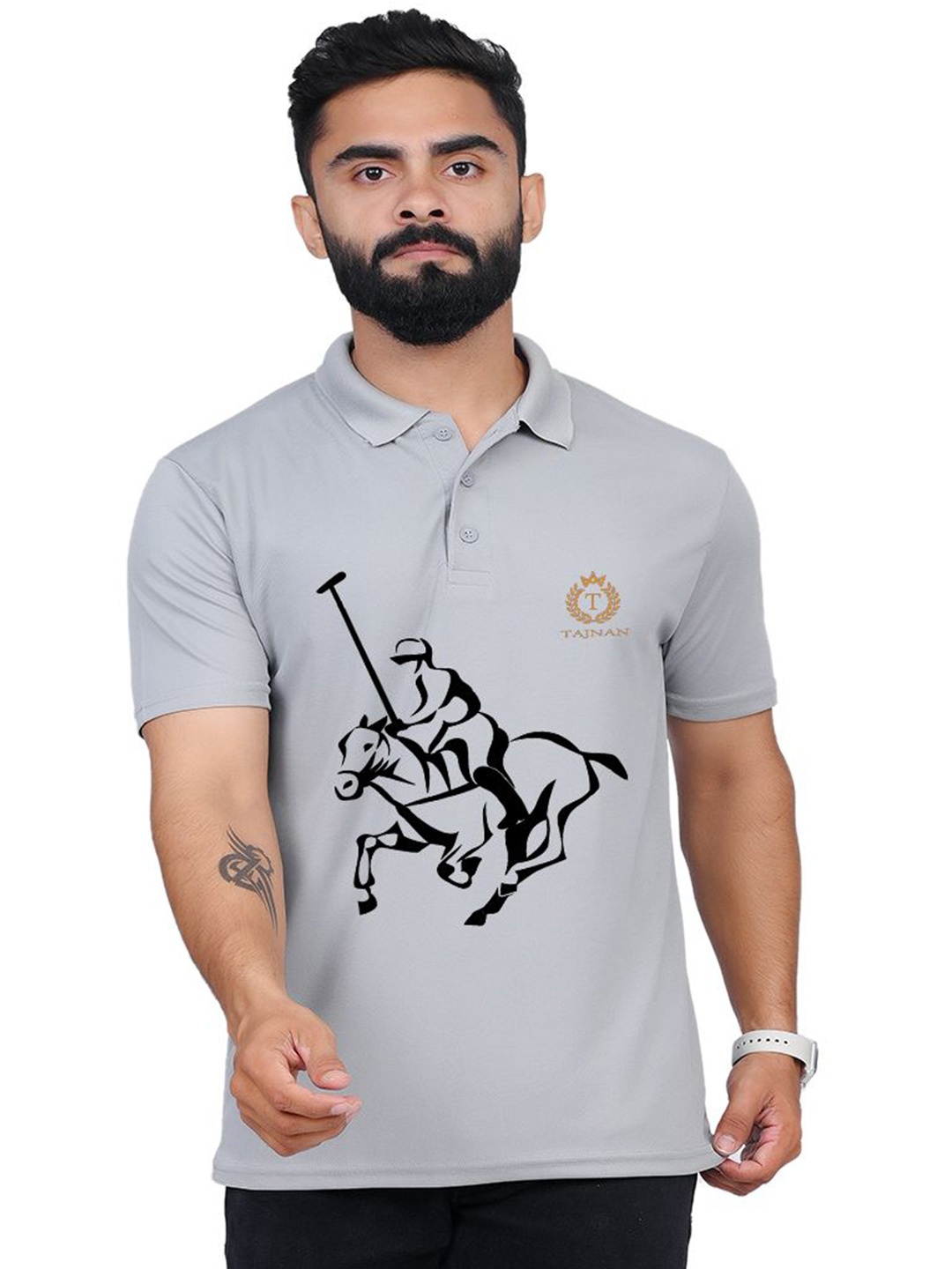 

TAJNAN Men Graphic Printed Polo Collar T-shirt, Grey
