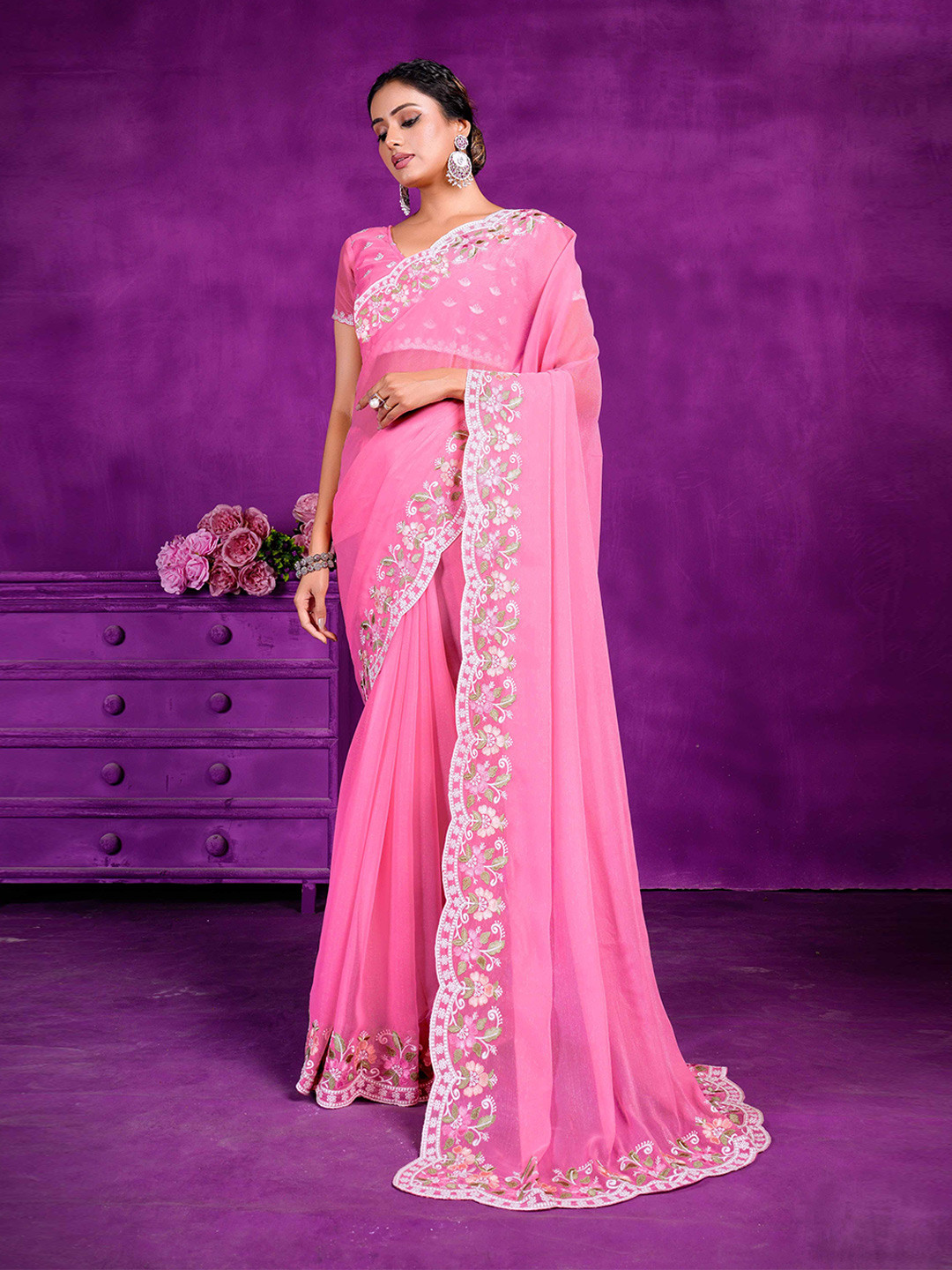 

Mitera Solid Embroidered Organza Saree, Pink