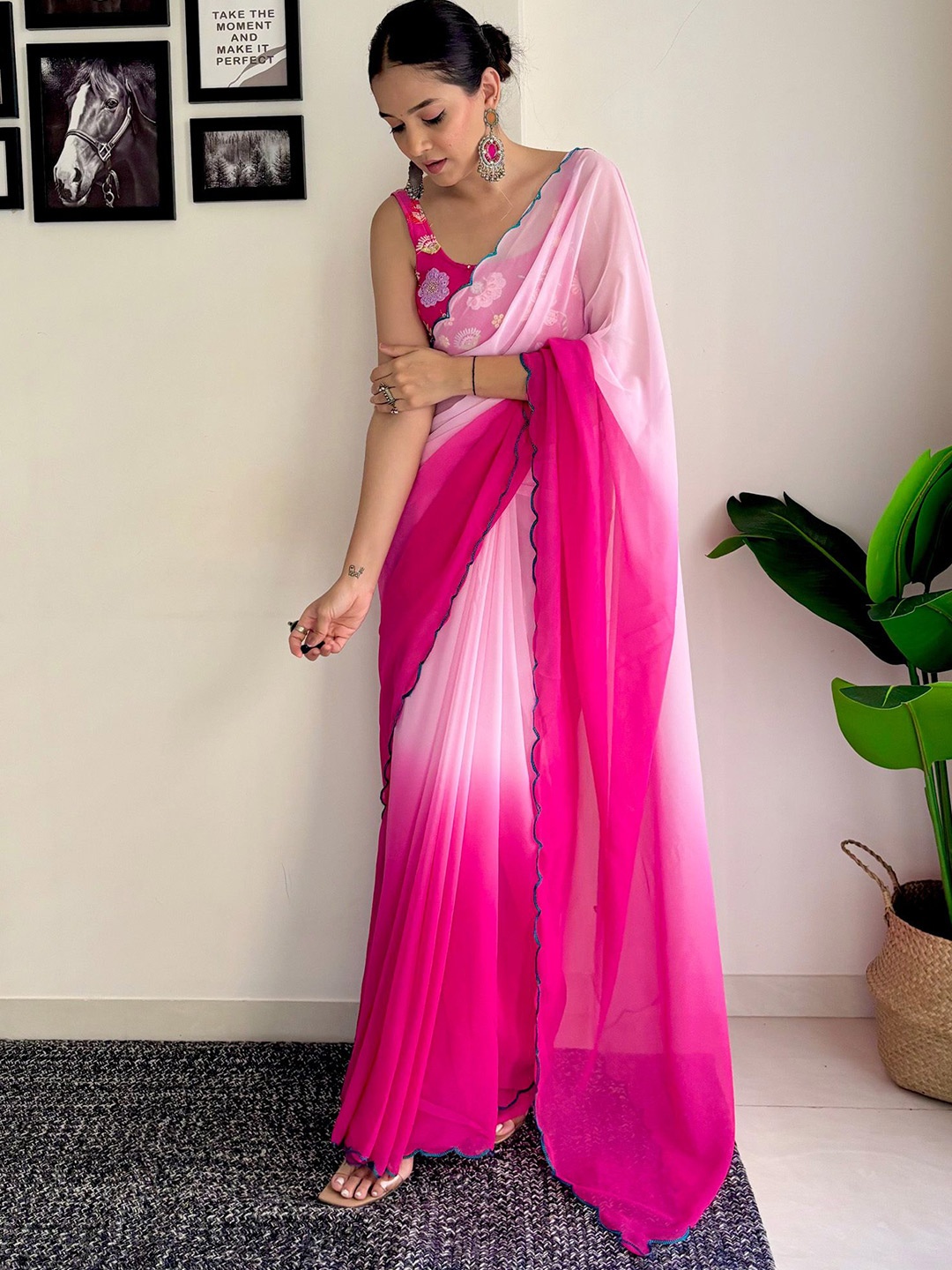 

KALINI Tie and Dye Pure Georgette Saree, Pink