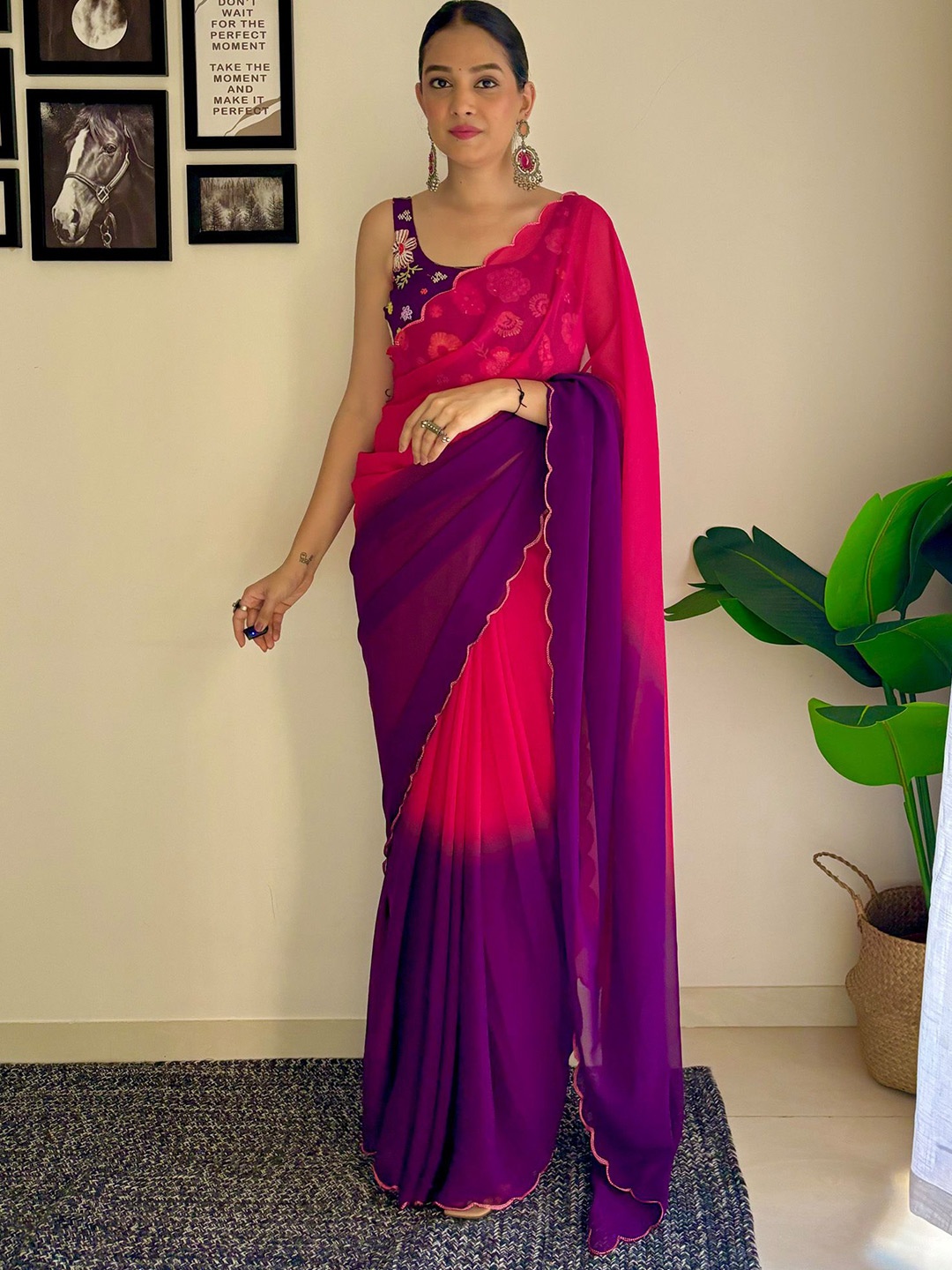 

KALINI Ombre Pure Georgette Saree, Rose