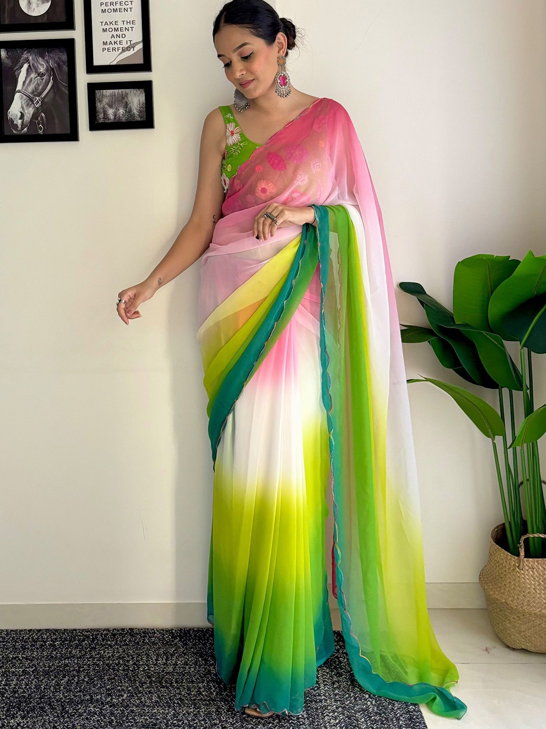 

KALINI Ombre Embroidered Pure Georgette Saree, Green