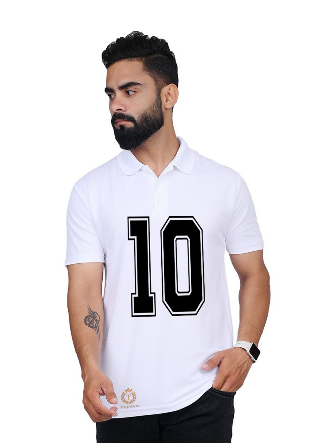 

TAJNAN Men Varsity Printed Polo Collar T-shirt, White
