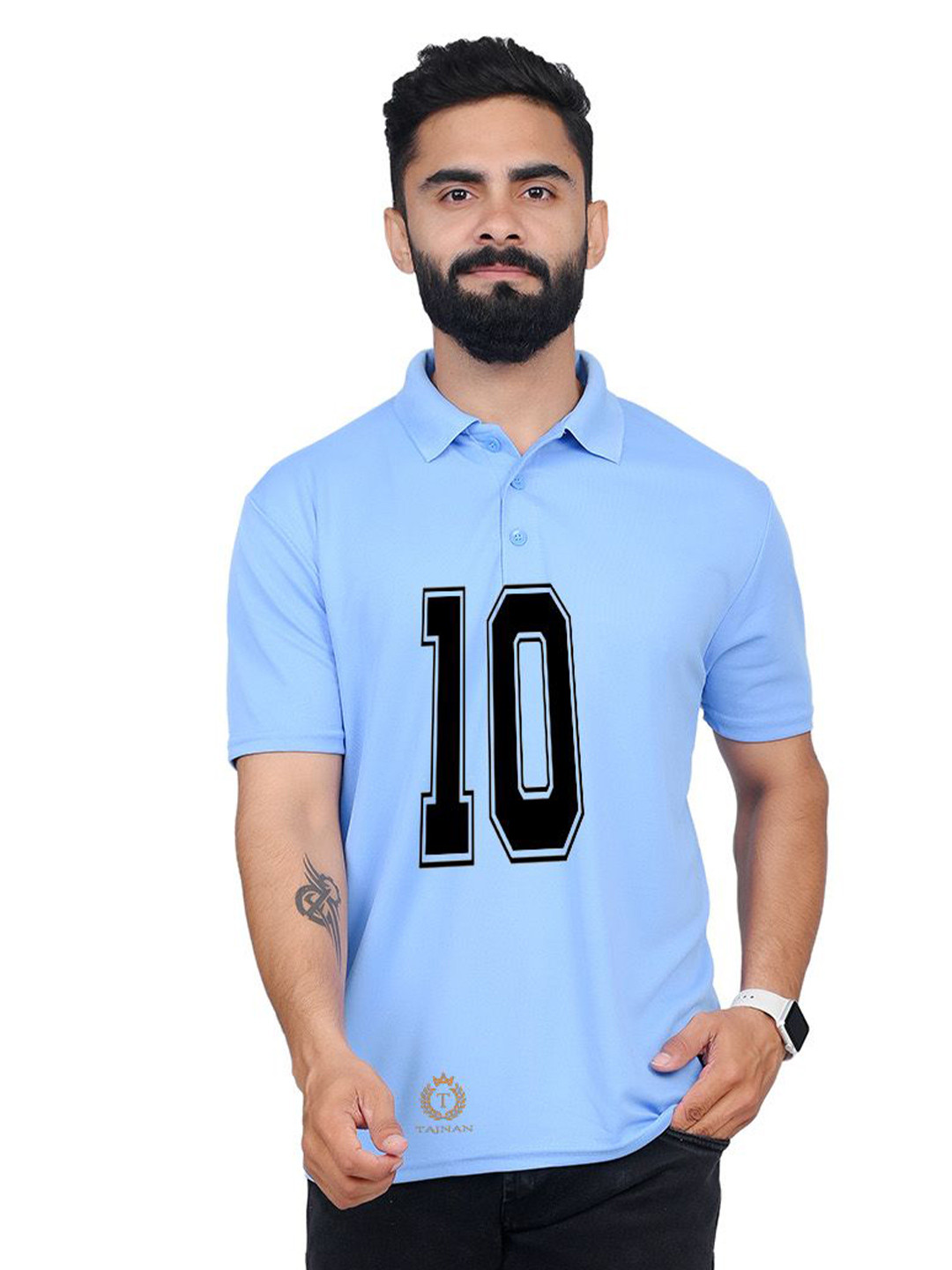 

TAJNAN Men Varsity Printed Polo Collar T-shirt, Blue