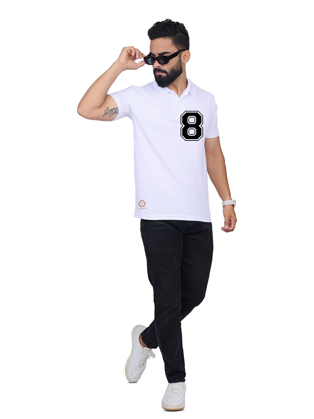 

TAJNAN Men Varsity Printed Polo Collar T-shirt, White