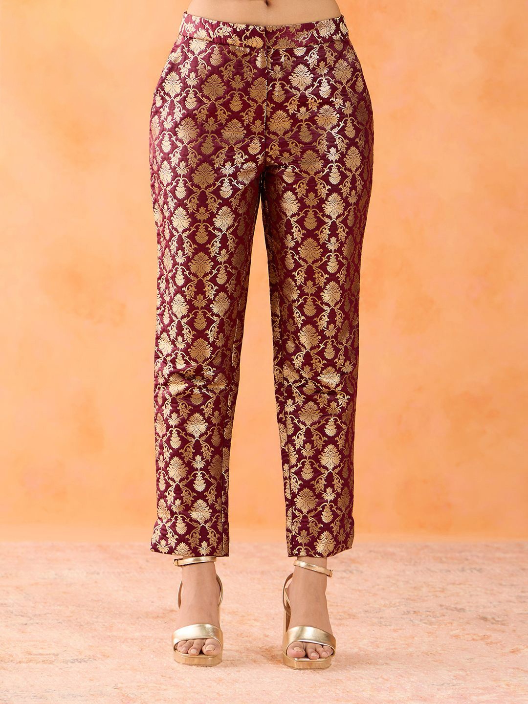 

Gajra Gang Ethnic Motifs Self Design Slim Fit Silk Palazzo, Maroon