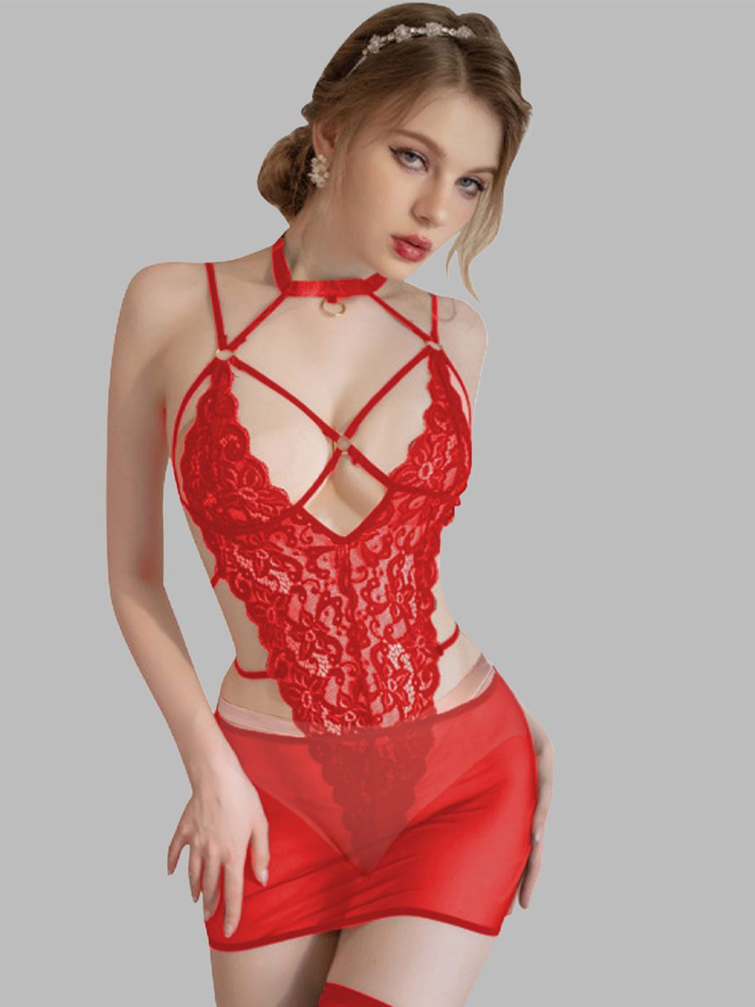 

KRENOZ Women Net Halter Neck Baby Doll, Red