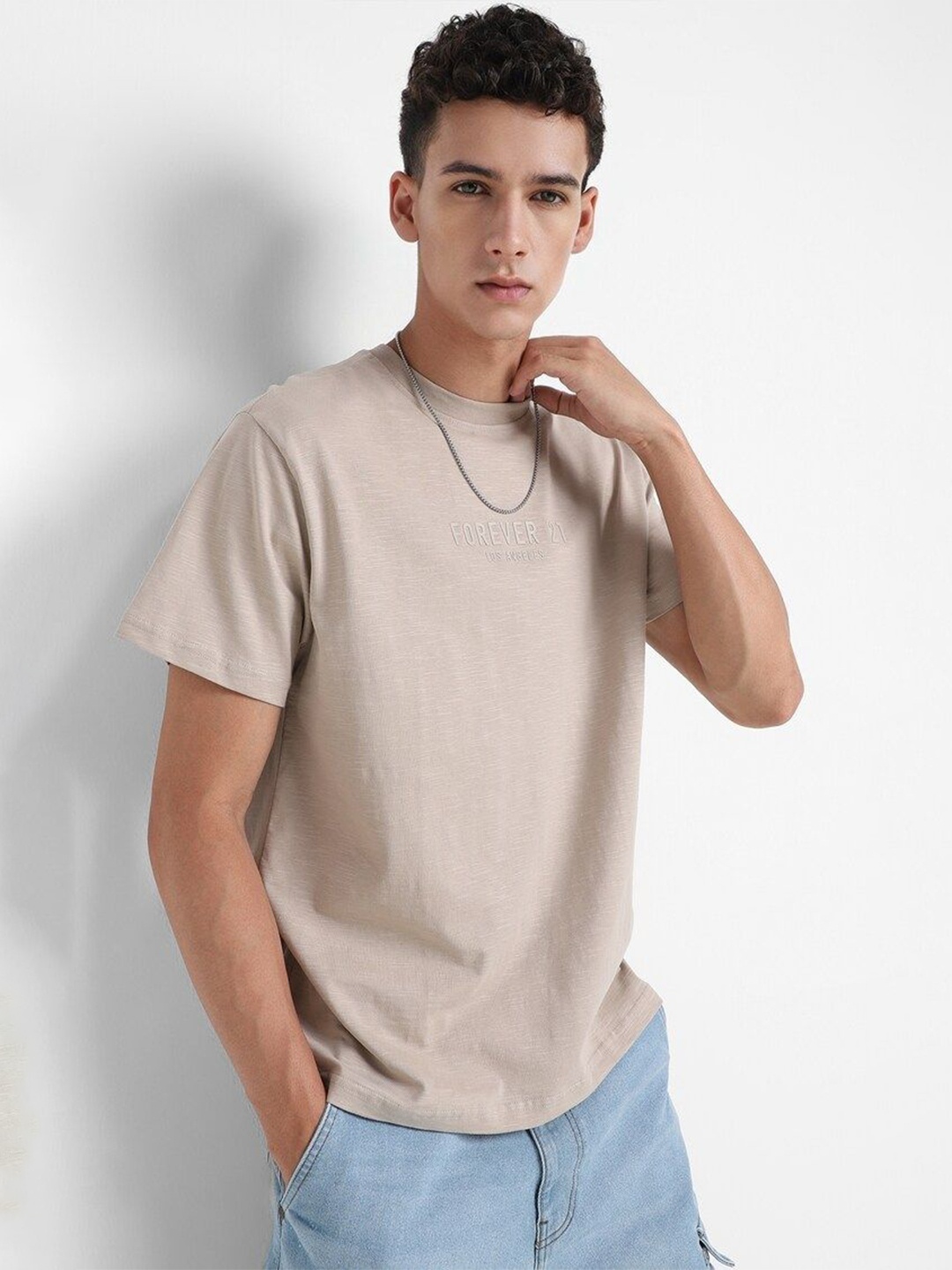 

FOREVER 21 Men Drop-Shoulder Sleeves T-shirt, Beige