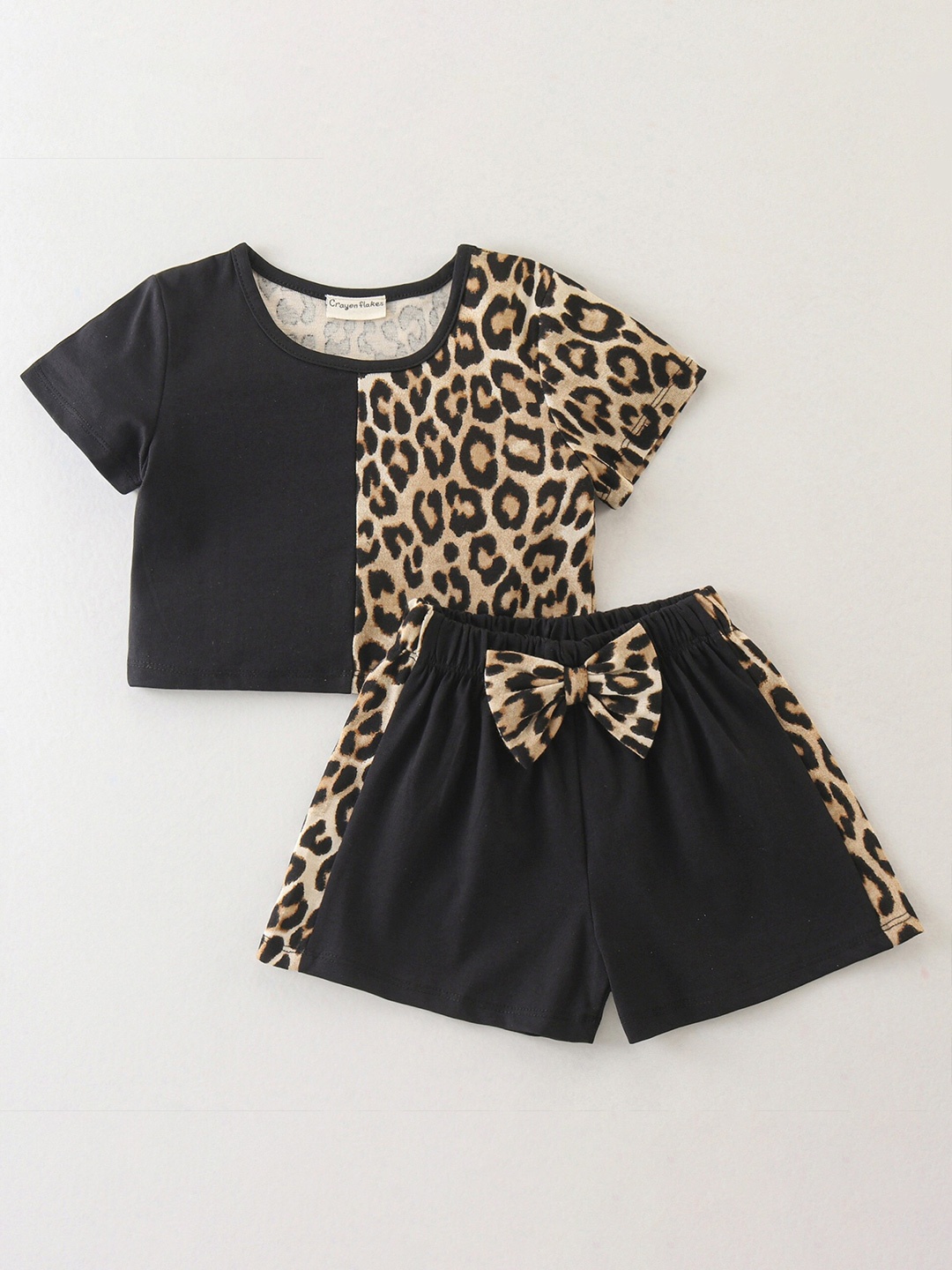 CrayonFlakes Girls Printed Top with Shorts, Black