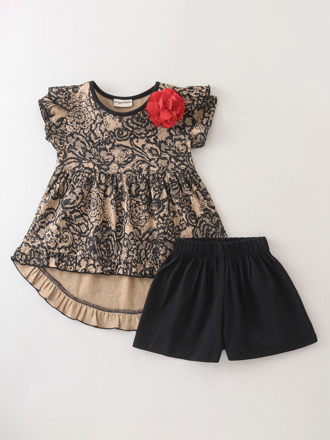 

CrayonFlakes Girls Printed Top with Shorts, Black
