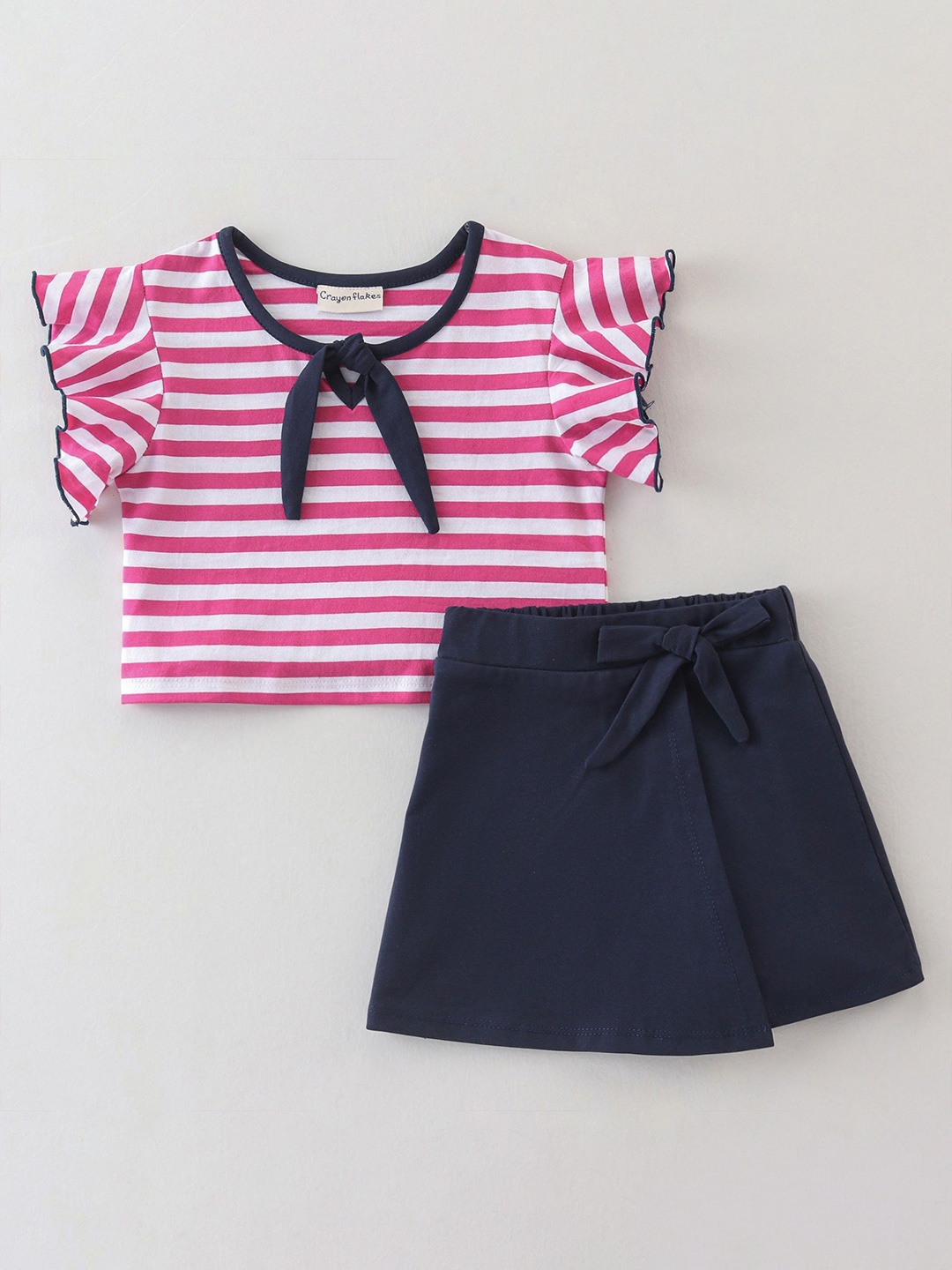 

CrayonFlakes Girls Striped Top With Shorts, Pink