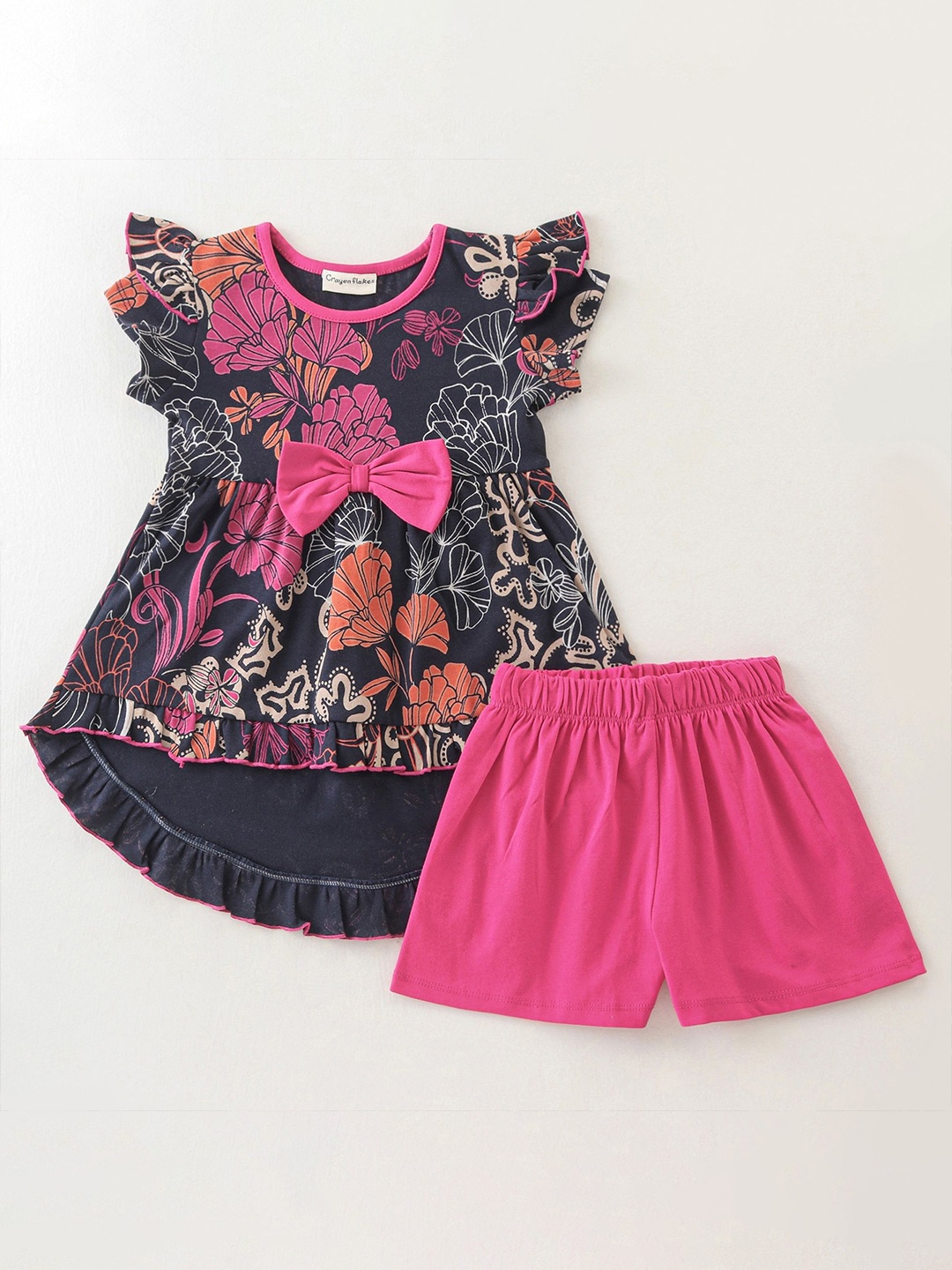 

CrayonFlakes Girls Printed Pure Cotton Top With Short, Black