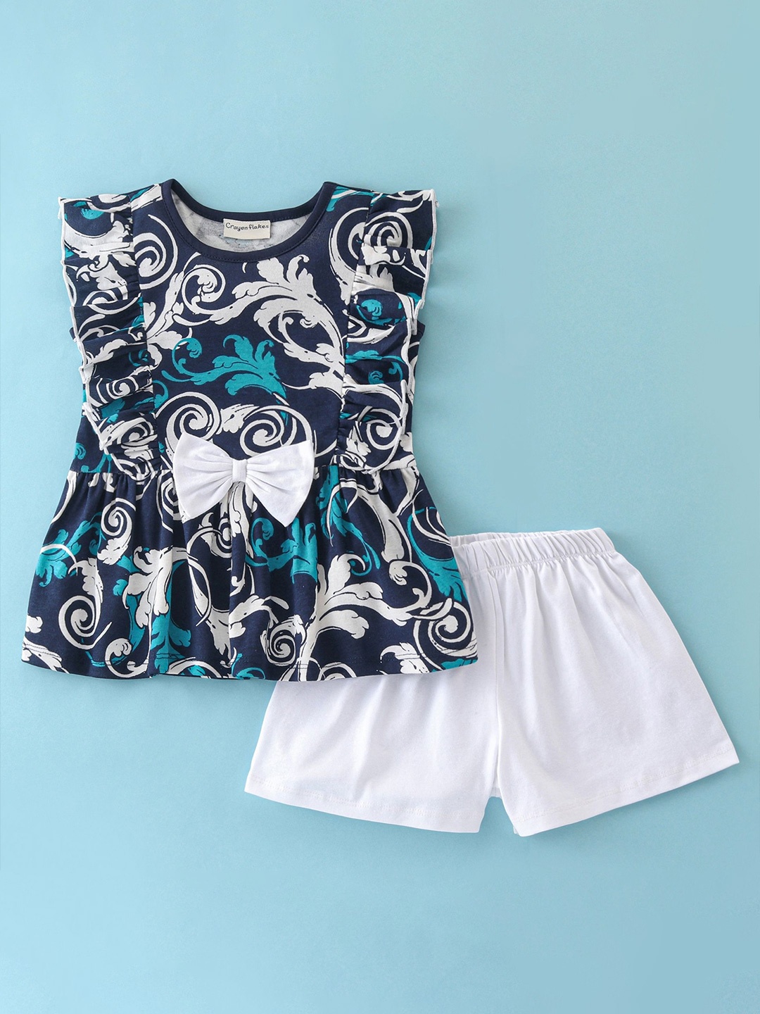 

CrayonFlakes Girls Printed Top with Shorts, Navy blue
