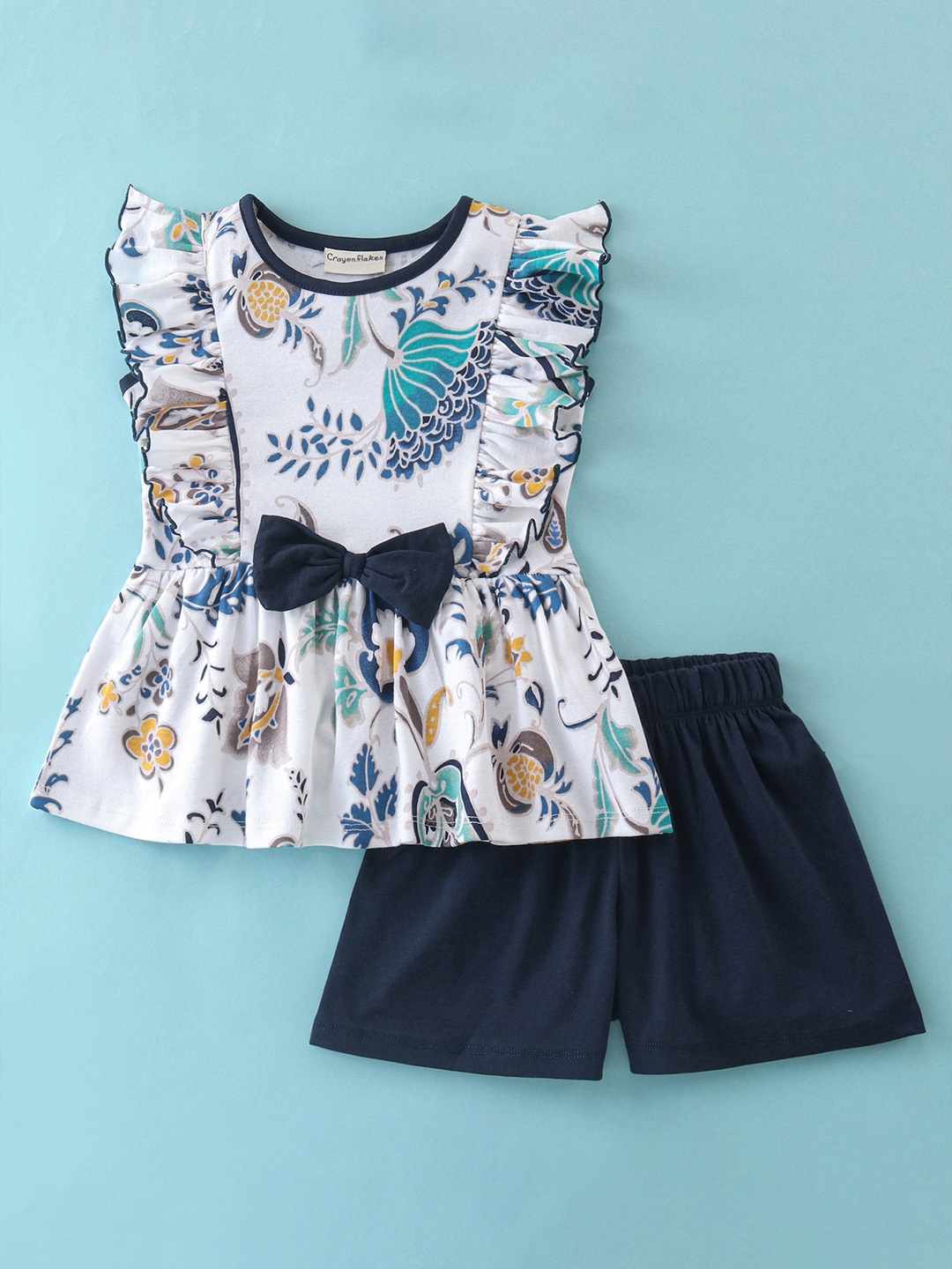 

CrayonFlakes Girls Printed Top with Shorts, Off white