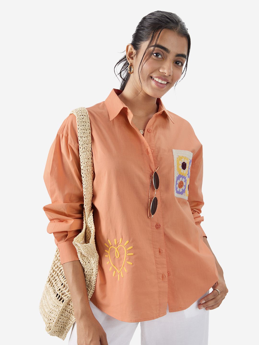 

The Souled Store Women Spread Collar Printed Pure Cotton Casual Shirt, Orange