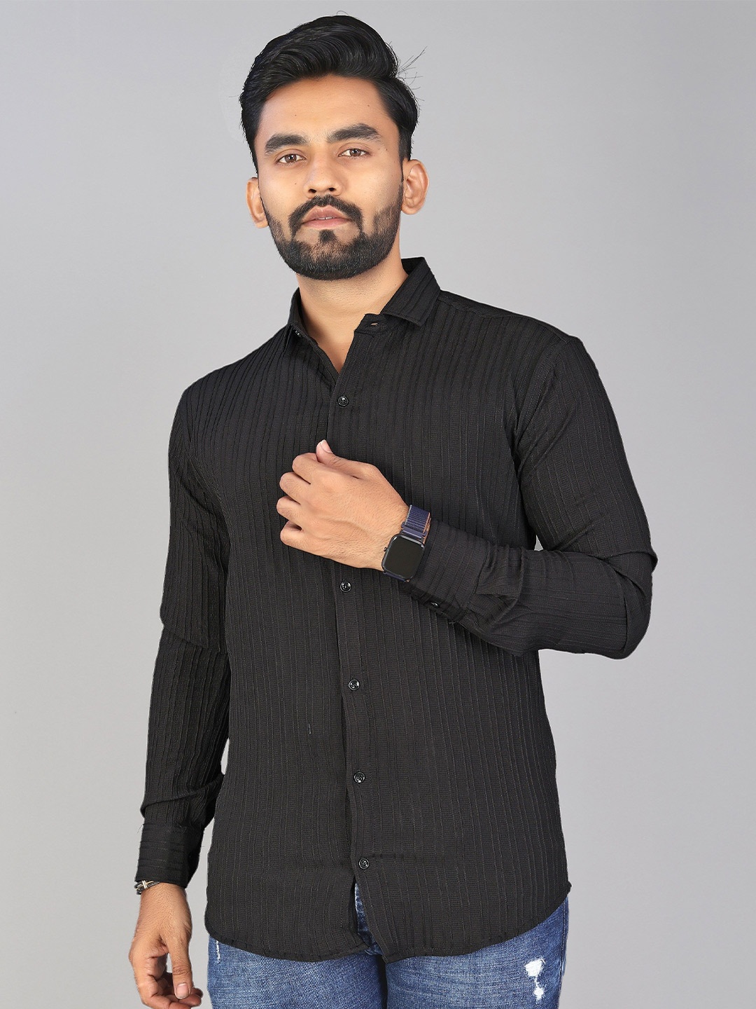 

KHUSHI CREATION Men Original Solid Striped Regular Fit Casual Shirt, Black