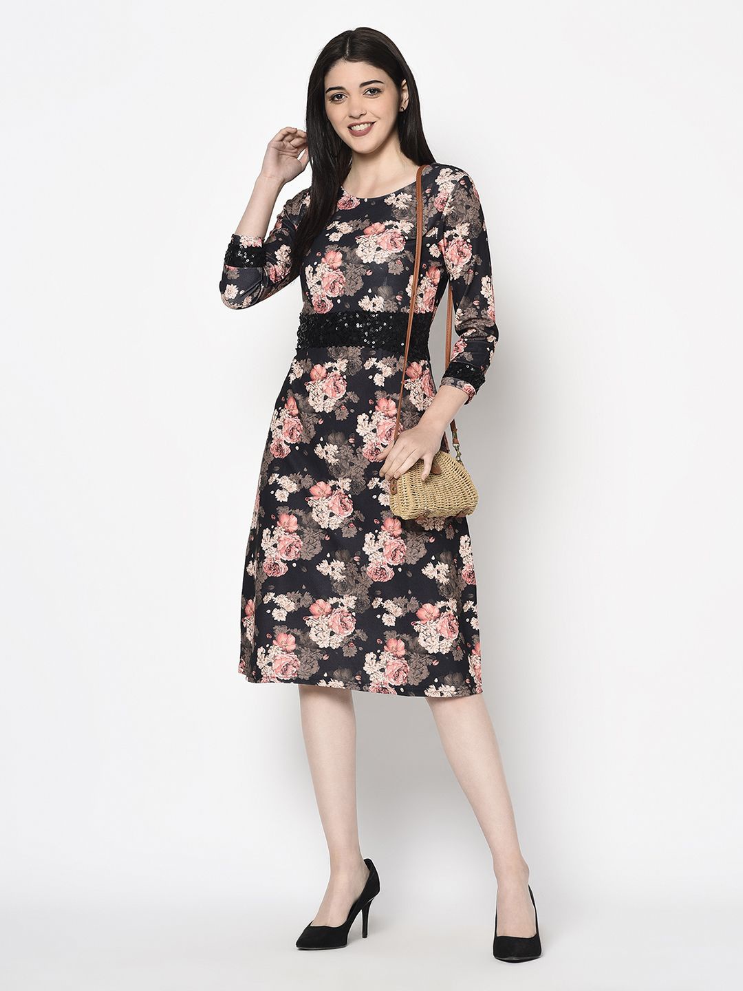 

Miss Grace Floral Sequined A-Line Dress, Black