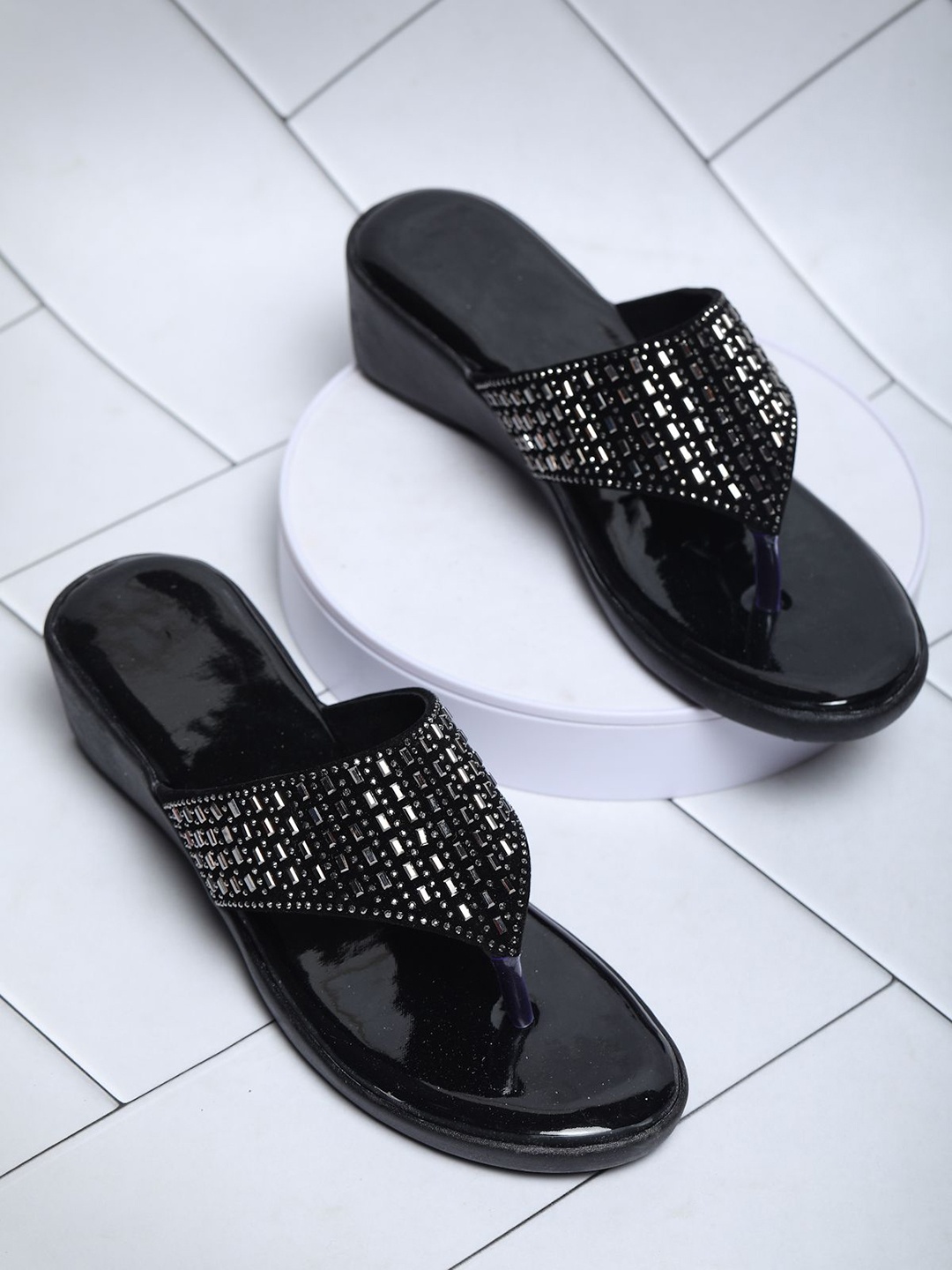 

FABBMATE Embellished Open Toe Wedge Heels, Black