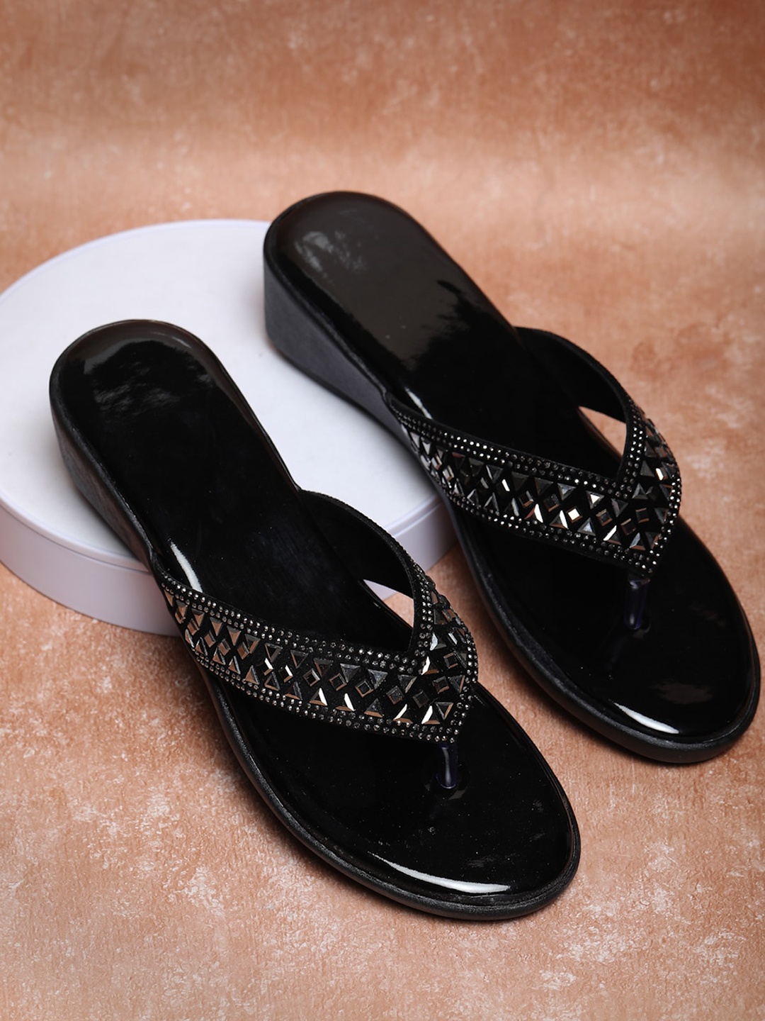 

FABBMATE Embellished Open Toe Wedge Heels, Black