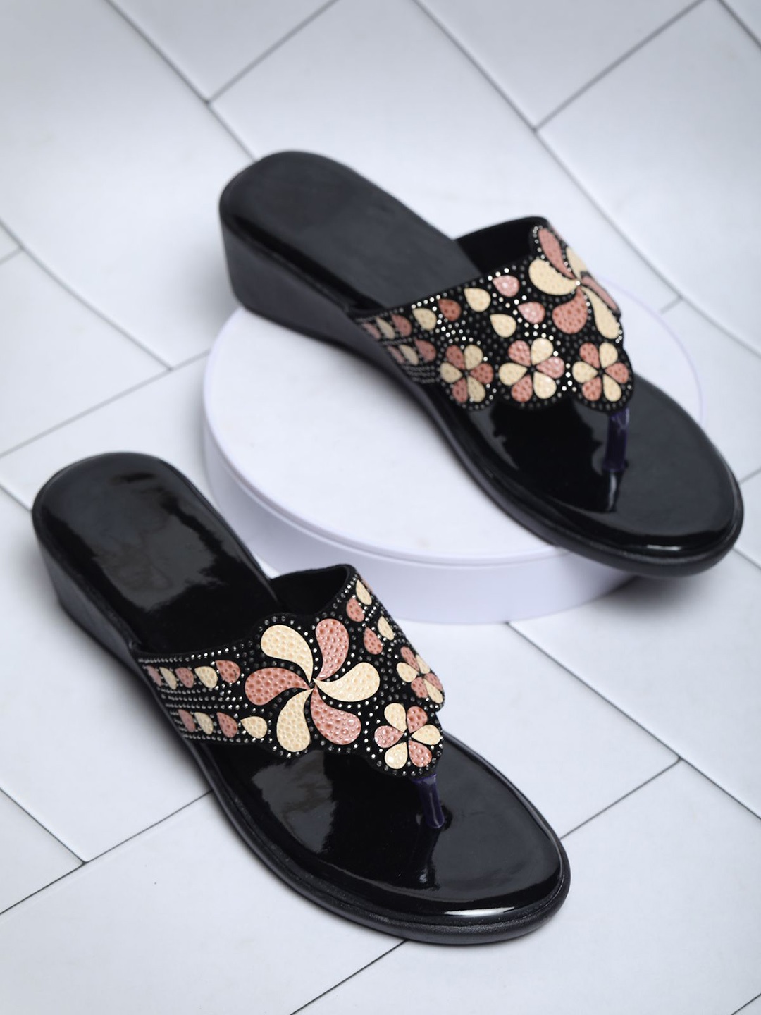 

FABBMATE Embellished Open Toe Wedge Heels, Black