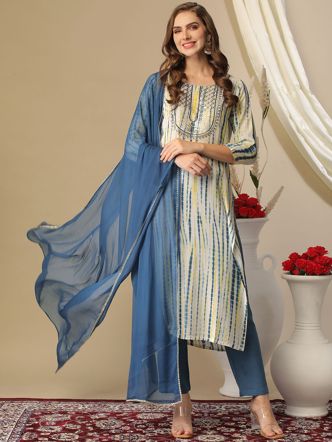 

GoSriKi Printed Regular Kurta with Trousers & Dupatta, Blue