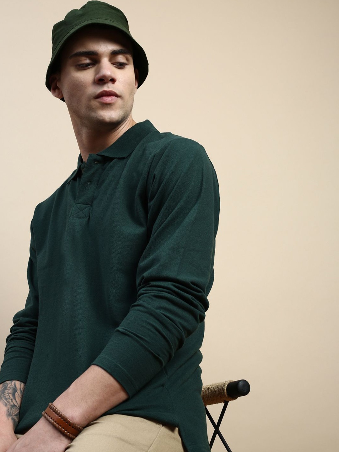 

FREE SOCIETY Men Oversized Polo Textured Full Sleeve T-Shirt, Green