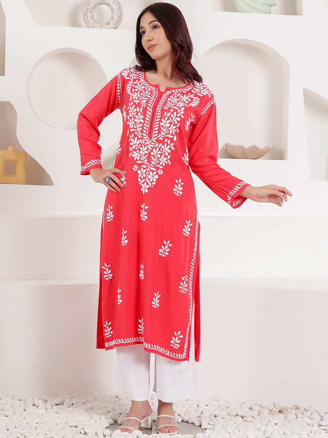 

Chowkhat Floral Embroidered Chikankari Straight Kurta, Red