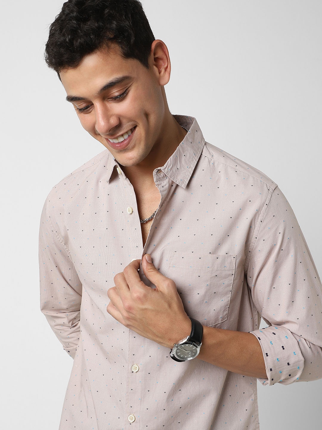 

VASTRADO Men Dobby Cotton Shirt, Beige