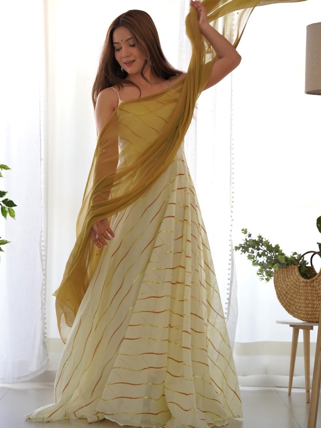

Rangpur Striped Shoulder Straps Anarkali Kurta With Dupatta, Cream