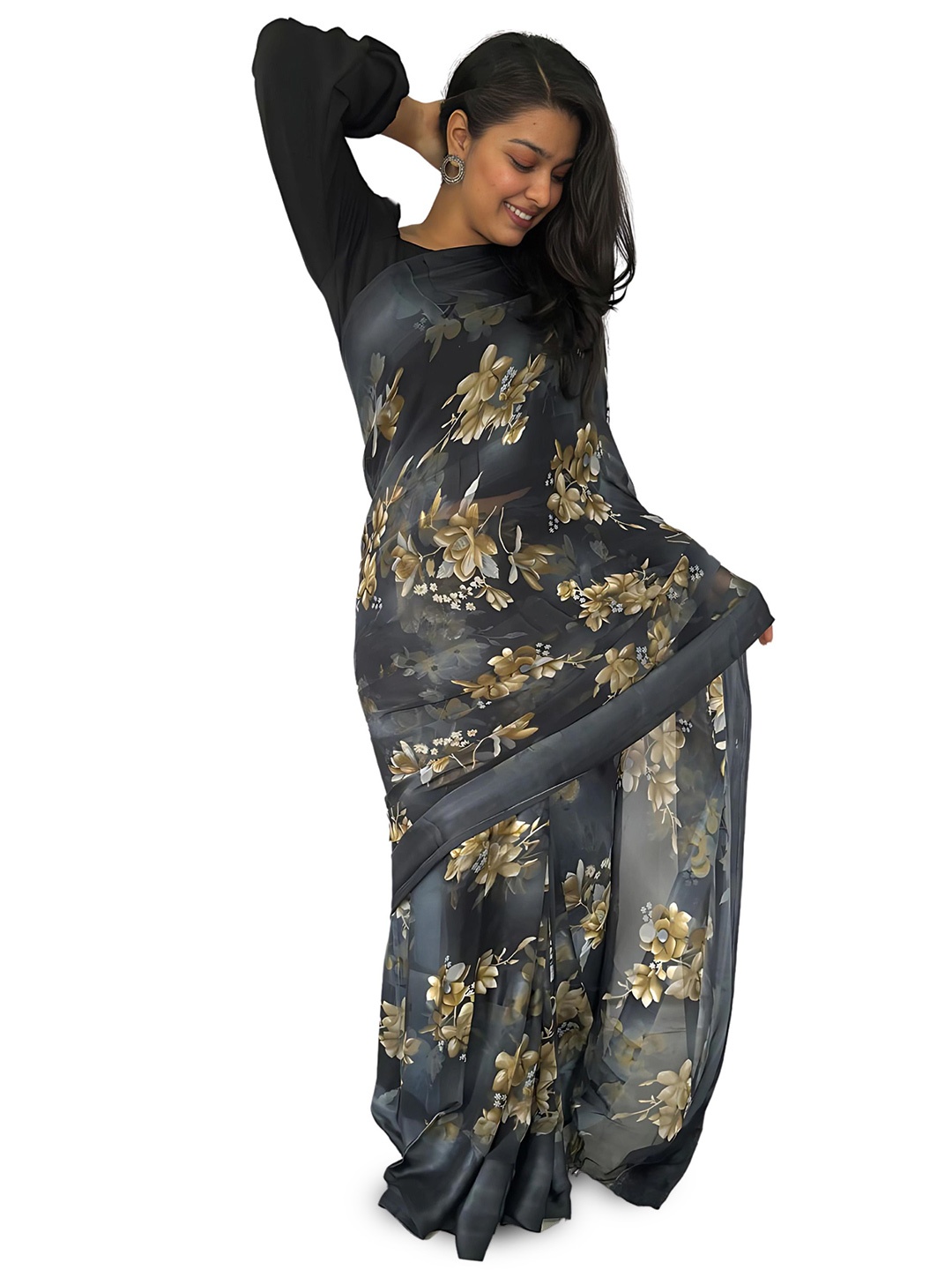 

SANJANA SILK Floral Printed Saree, Black