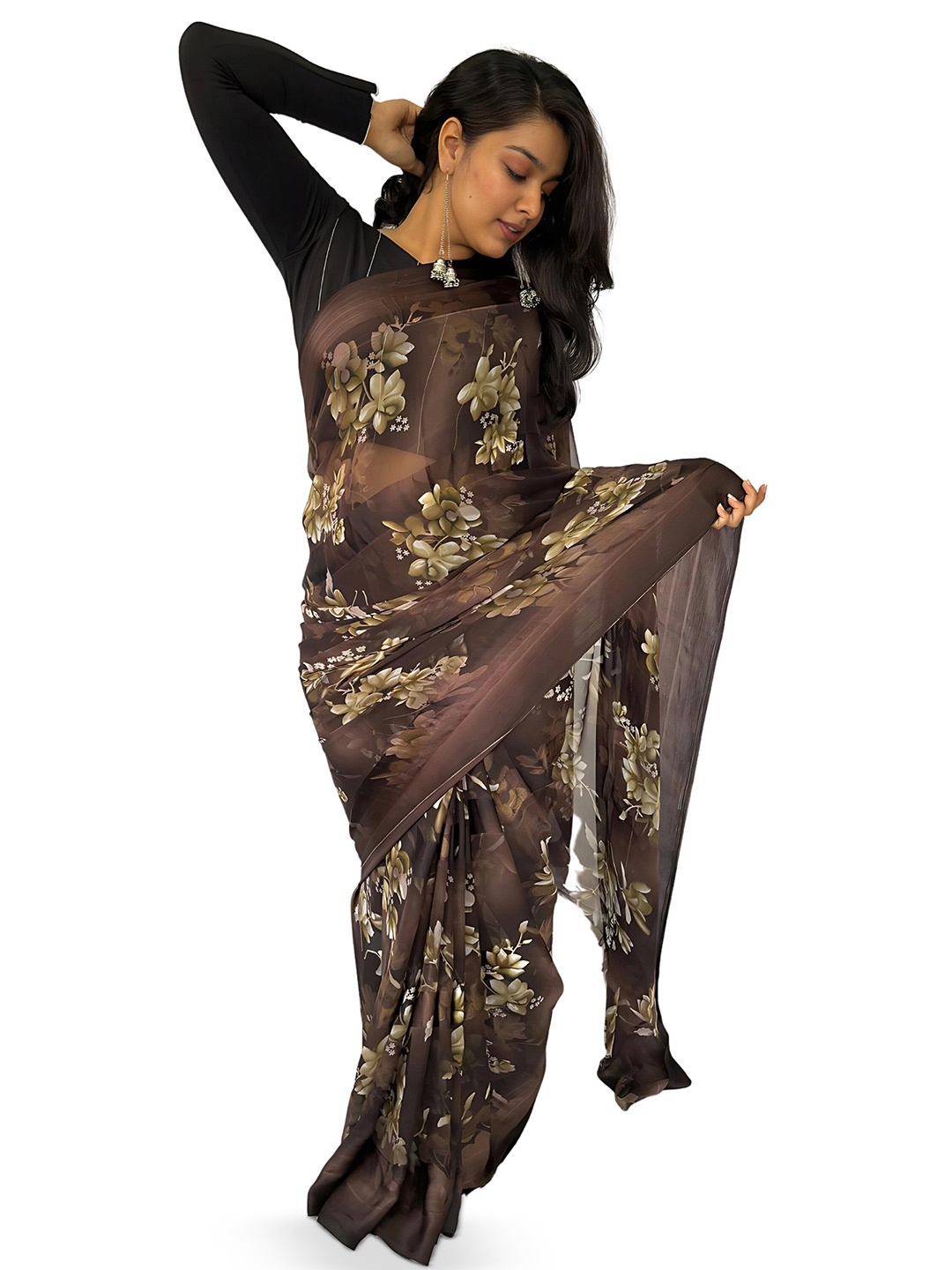 

SANJANA SILK Floral Printed Saree, Brown