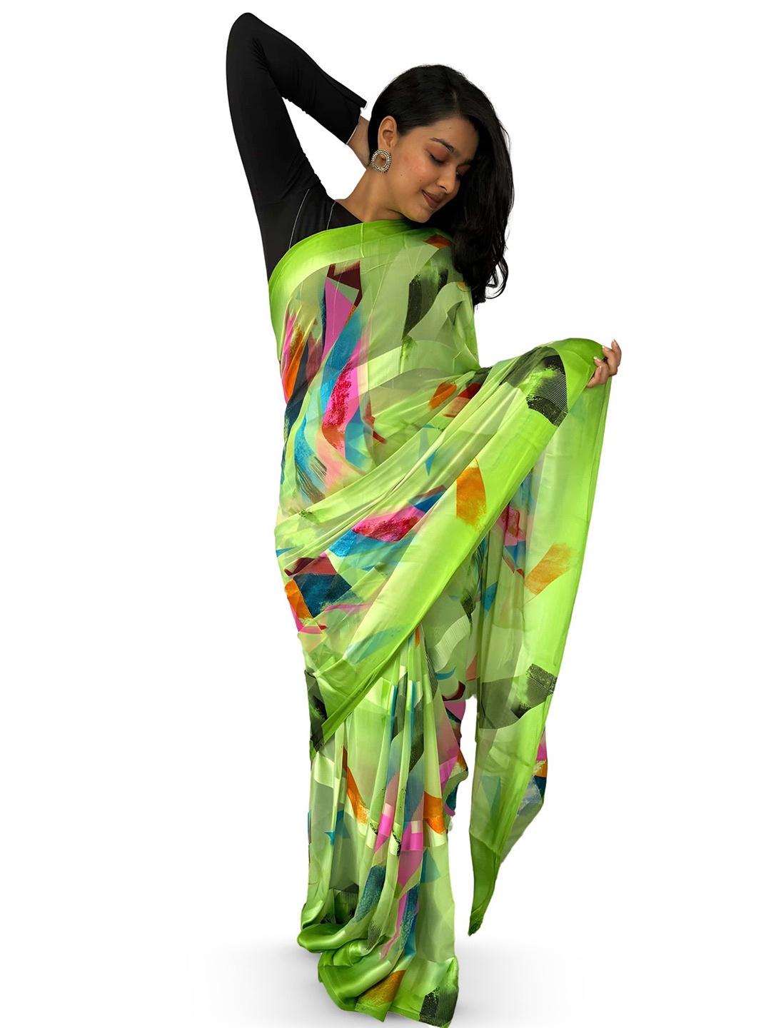 

SANJANA SILK Abstract Printed Saree, Green