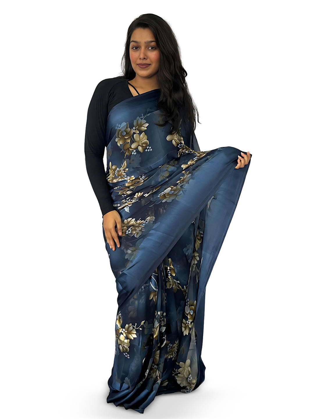 

SANJANA SILK Floral Printed Saree, Navy blue