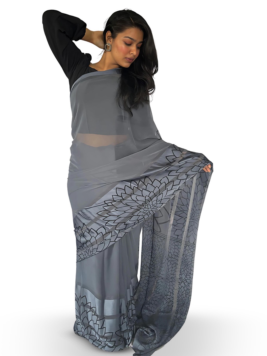 

SANJANA SILK Floral Saree, Grey