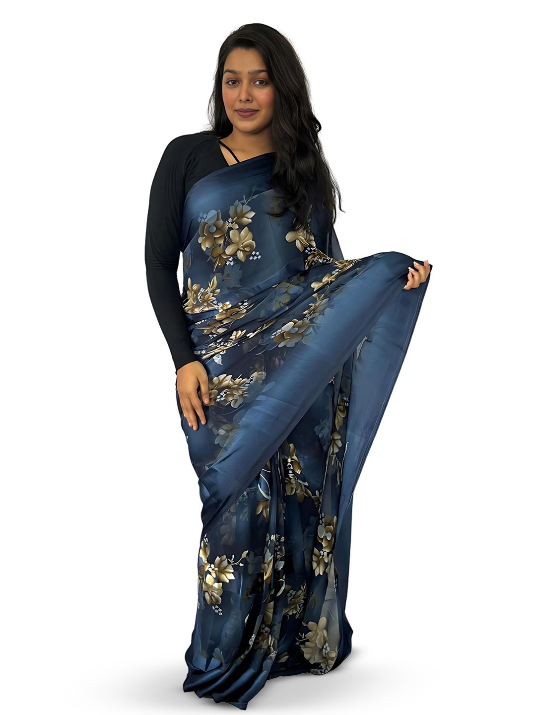 

Sanwariya Silk Floral Saree With Blouse Piece, Navy blue