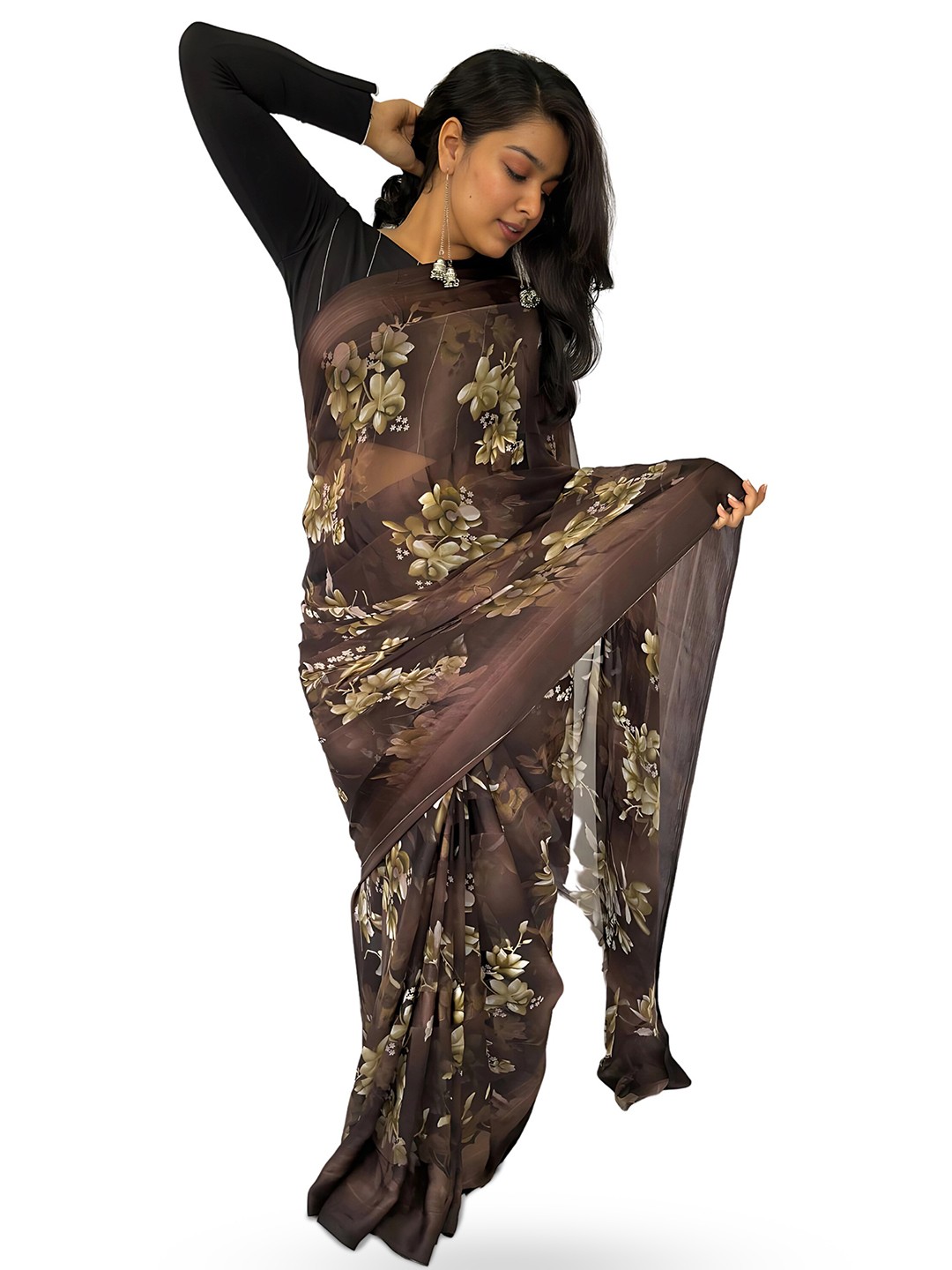 

Sanwariya Silk Floral Poly Georgette Saree, Brown