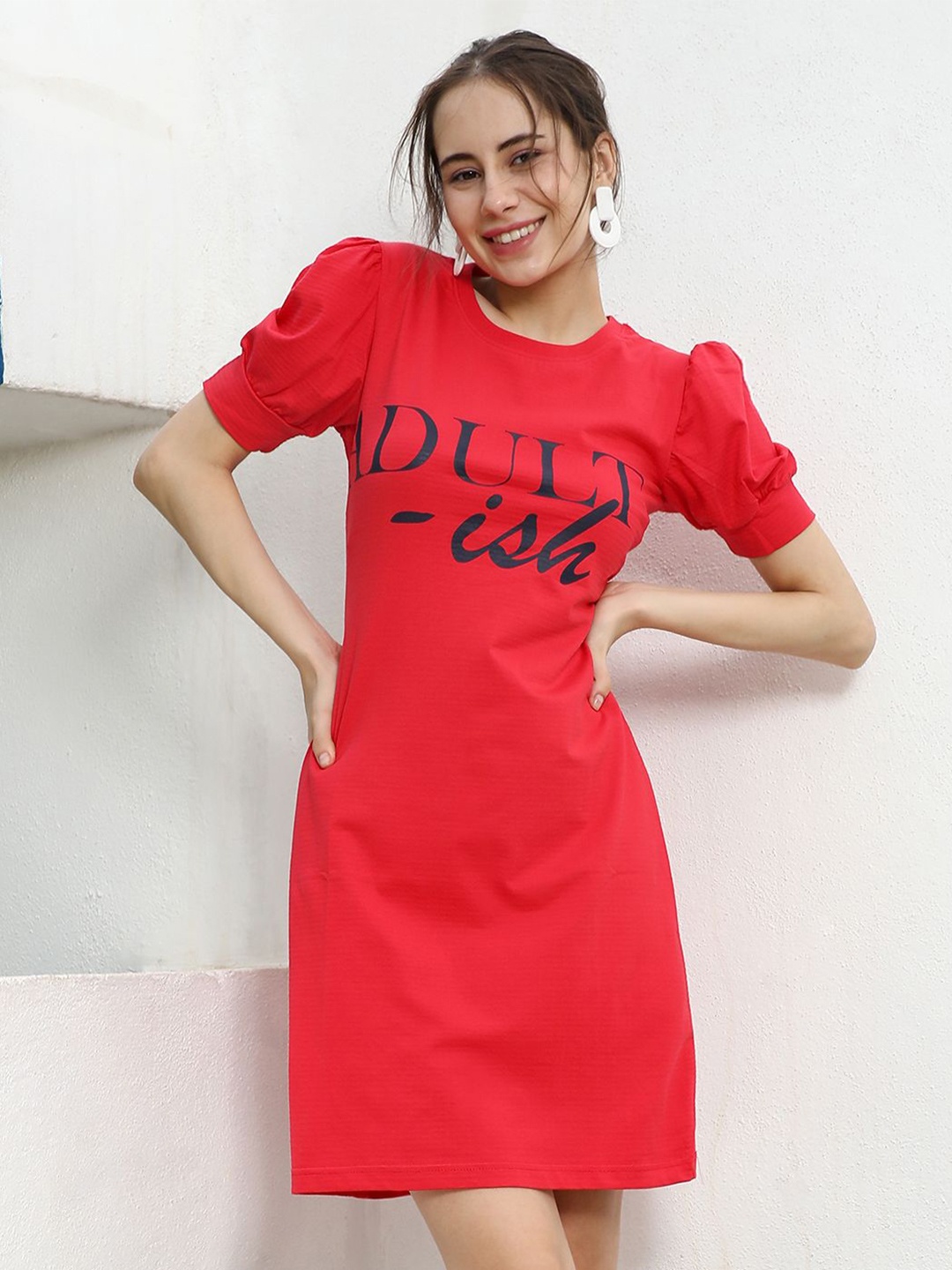

Campus Sutra Puff Sleeve T-shirt Dress, Red